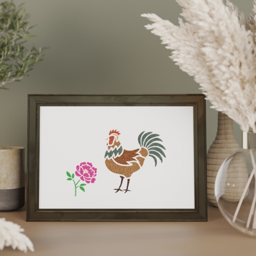 우돌아트 스텐실 도안 2402 우리나라 전통 민화 공명도 닭과 모란 (중)